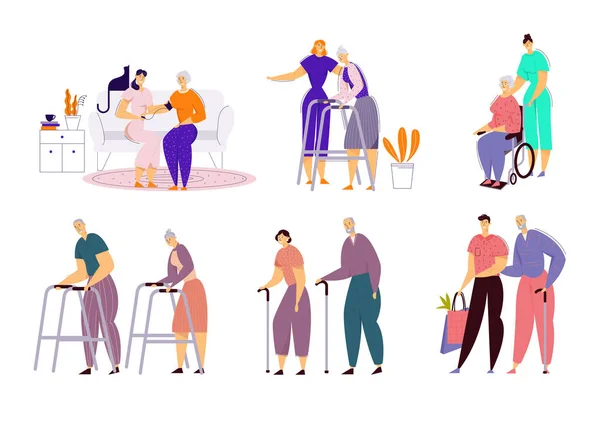 Pomoc starych osób niepełnosprawnych w domu opieki. Pracownik socjalny opieka nad chorymi seniorami na wózku inwalidzkim, wykwalifikowana pielęgniarka mieszkaniowa opieka zdrowotna, Physical Therapy Service. Kreskówka płaski wektor ilustracja — Wektor stockowy