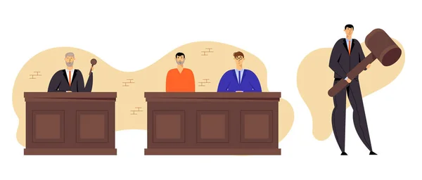 Grey HairJudge Wearing Black Gown Hold Gavel (dalam bahasa Inggris). Terdakwa Man in Prison Robe Duduk dengan Pengacara di Pengadilan, Pengadilan dan Konsep Keadilan, Sistem Penghakiman. Ilustrasi Vektor Flat Kartun - Stok Vektor