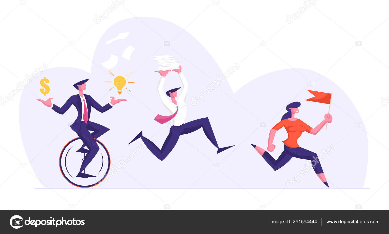 Business People Characters Running by Row Following Businesswoman