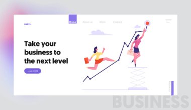 Artan Kar, Challenge Web Sitesi Açılış Sayfası, Red Point, İş Kadını Hedef, Web Sayfası Için Büyüyen Broken Curve Hattı tarafından Çalışan İş Kadını. Karikatür Düz Vektör İllüstrasyon, Afiş