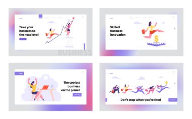 İş DurumlarOfis Çalışanları Web Sitesi Açılış Sayfası Seti. Finansal Riskler Kadın Trap üzerinden Atlamak, Grafik ile Tırmanma, İşçi Yarışması Yarış Web Sayfası Banner. Karikatür Düz Vektör İllüstrasyon