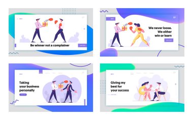 İş Adamları Yarışması Web Sitesi Açılış Sayfası Seti. Bahar pop up boks eldiveni ile Man Holding Box ile Mücadele Kadın, Yöneticiler Bilek Güreşi Web Sayfası Banner. Karikatür Düz Vektör İllüstrasyon