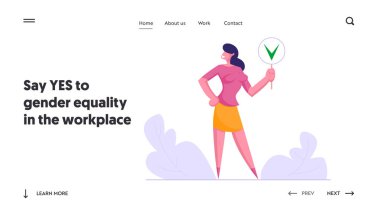 Siyaset Kararı, Halkla İlişkiler Web Sitesi Açılış Sayfası, İş kadını Yeşil Onay İşareti ile İşaret Tutun, Evet Sembolü, Sosyal Görüş, Oylama, Seçim Web Sayfası. Karikatür Düz Vektör İllüstrasyon, Afiş