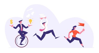 İş Adamları Karakterleri Elinde Kırmızı Bayrak Tutan İş Kadını Aşağıdaki Satır Tarafından Running. Liderlik, Yaratıcı Fikir Kavramı Ile İş Arkadaşları Başarılı Lideri Kovalamak. Karikatür Düz Vektör İllüstrasyon