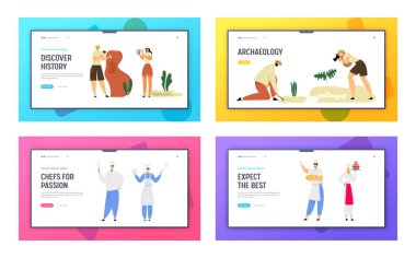 Restoran Personeli Misafirperverlik ve Arkeologlar Paleontoloji İşçileri Web Sitesi Açılış Sayfası Seti. Cafe Şef, Bilim Adamları Dinozorlar Web Sayfası Banner Kazılar Çalışır. Karikatür Düz Vektör İllüstrasyon