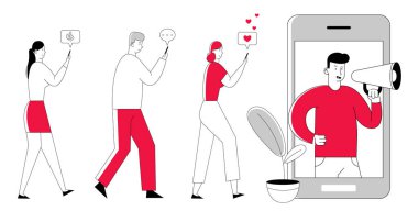 Ekranda Megafonlu Adam ve Cep Telefonu olan Gençler. Influencer Pazarlama Sosyal Medya veya Ağ Promosyon, Smm. İnternet Reklam Karikatür Düz Vektör İllüstrasyon, Çizgi Sanat