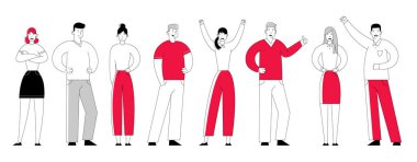 İşadamları ve İş Kadınları Neşeli Yöneticiler Ekibi. İş Adamları Karakterleri Sırada Duruyor. Creative Perfect Teamworking Group Ofis Çalışanları. Çizgi Sanat Stilinde Karikatür Düz Vektör İllüstrasyonu