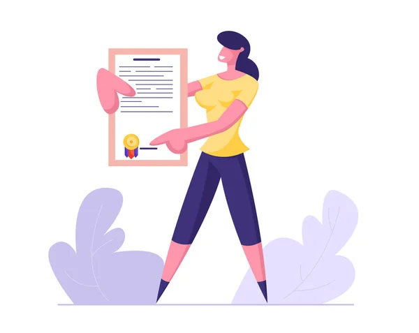 Joven mujer de negocios con certificado de póliza de seguro con sello de sello. Protección de los intereses de salud y propiedad de las personas físicas y jurídicas Eventos asegurados Dibujos animados Vector plano Ilustración — Vector de stock