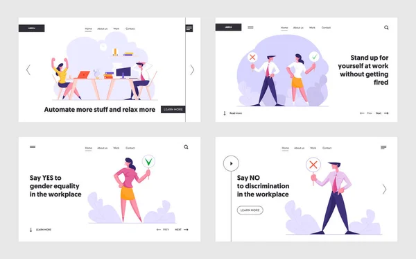 職場のウェブサイトのランディングページセットで「はい」と「いいえ」のサインとオフィスワーカーを持つ人々に投票します。緑と赤のマークを持つビジネスマンの従業員。ウェブページバナー。漫画フラットベクトルイラスト — ストックベクタ