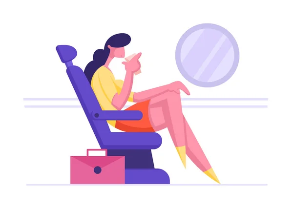 Jovem mulher de negócios Sente-se em Assento de avião confortável e Bebida. Empresária Passageiro Viajar de Avião para Viagem Corporativa. Serviço de Transporte Aéreo Cartoon Flat Vector Illustration — Vetor de Stock