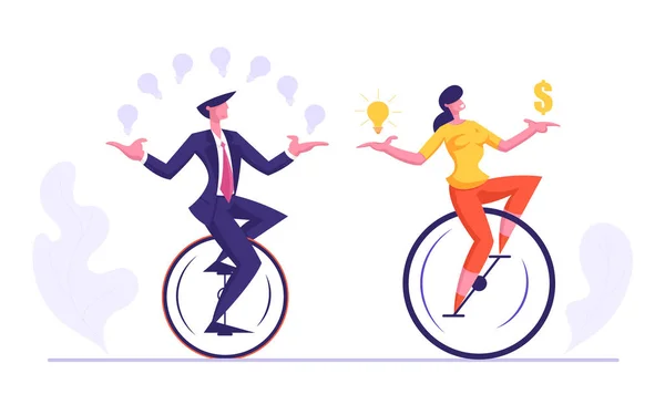 Zakelijke man en vrouw rijden monowheel jongleren met gloeiende gloeilampen, houden dollar teken. Zakenlui racen in leiderschap competitie. Financiën creatief idee cartoon platte vector illustratie — Stockvector