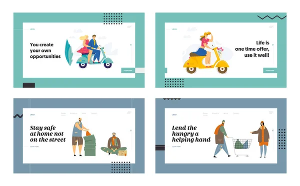 People Riding Scooter, Homeless Characters Website Landing Page Set. Men and Women Begging Money and Need Help on Street, Couple Traveling on Bike Web Page Banner. Cartoon Flat Vector Illustration