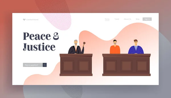 Tribunal en Justice website landing page, rechter in zwarte jurk Hold Gavel. Beschuldigde man in gevangenis gewaad zittend met advocaat advocaat in de rechtbank, oordeel webpagina. Cartoon platte vector illustratie banner — Stockvector