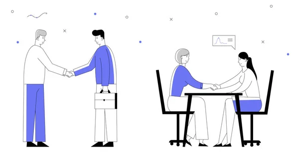 Partnerschaps concept met ontmoeting met ondernemers, handen schudden, afspraken maken tijdens onderhandelingen. Zaken partners mannen en vrouwen handshaking. Cartoon platte vector illustratie, stijl van de lijn kunst — Stockvector