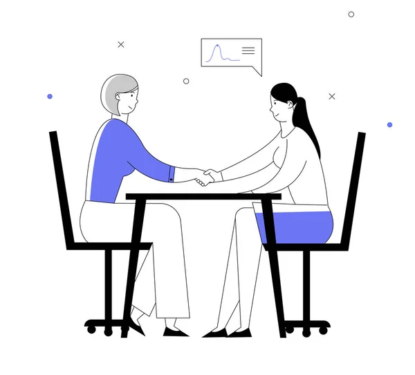 Business Partners Women Handshaking Sitting at Table Face to Face (em inglês). Conceito de Parceria de Reunião de Empresários, Shaking Hands Acordo Negociação. Desenhos animados Plano Vector Ilustração Linha Art Style — Vetor de Stock