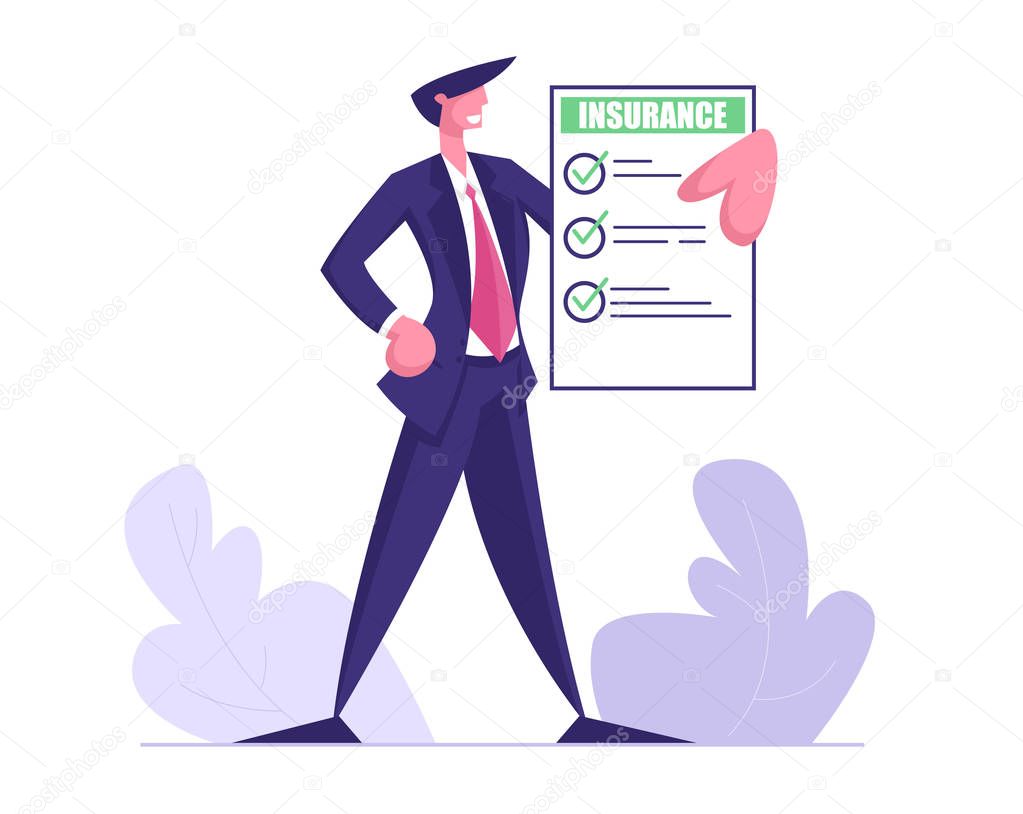 Young Business Man in Formal Suit Hold Insurance Policy Certificate with Green Check Marks. Protect Property Interests of Individual and Legal Entities Insured Events Cartoon Flat Vector Illustration