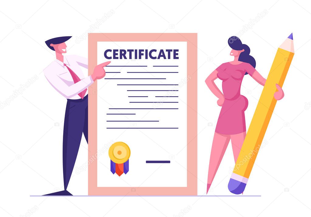 Business Man and Woman with Huge Pencil Holding Insurance Certificate with Seal Stamp for Protection of Health, Life, Real Estate and Property Interests Insured Events Cartoon Flat Vector Illustration
