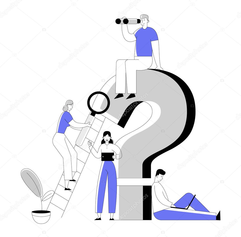 Business People around Huge Question Mark Searching Information with Magnifying Glass Laptop Tablet and Binoculars. Frequently Asked Questions Concept Cartoon Flat Vector Illustration, Line Art Style