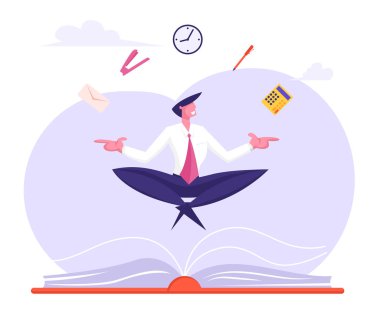 İşadamı Rahatlatıcı ve Lotus Poz Ofis Malzemeleri Ile Meditasyon Büyük Kitap üzerinde Yükselen. İşçi Farkındalık İş Yoga Meditasyon, Karikatür Düz Vektör İllüstrasyon Pratik Stres kaçının