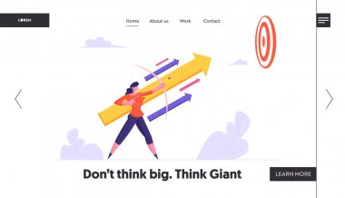 Görev Çözümü İş Stratejisi Web Sitesi Açılış Sayfası. Gökyüzünde Hedef Ok Hedefleyen Ok Tutan İşkadını. İş Amaç Misyonu, Challenge Web Sayfası Banner. Karikatür Düz Vektör İllüstrasyon,