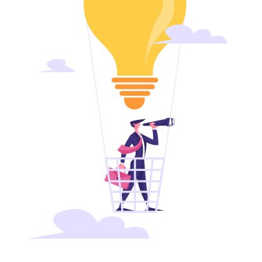 Spyglass için Ampul Şeklinde Hava Balonu Üzerinde Uçan Evrak Ile İşadamı. İş Vizyonu, Tahmin Tahmini, Başarı Planlama Gelecek Strateji Karikatür Düz Vektör İllüstrasyon