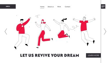 Mutlu Arkadaşlar Web Sitesi Açılış Sayfası Kutluyor. Genç Erkekler Erkek ve Kadınlar Gece Kulübü, Doğum Günü Partisi Kurumsal Tatil Web Sayfası Banner Eller up ile Atlamak. Lineer Karikatür Düz Vektör İllüstrasyon