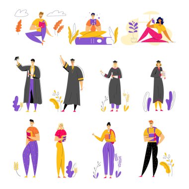 Set Erkek ve Kadın Karakterler Öğrenme ve Bilgi Edinme Okuma Kitapları, Mezuniyet Öğrencileri Önlük giyen ve Akademik Cap Holding Diploma Sertifikası Eğitim Karikatür Düz Vektör İllüstrasyon