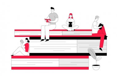 Kütüphanede Okuyan Kadın ve Erkekler Büyük Kitap Yığınının Üzerinde Oturuyorlar. Genç Öğrenciler Athenaeum'da Vakit GeçiriyorEdebiyat Depolama Karikatür Düz Vektör İllüstrasyonda Sınav Karakterleri ne zaman hazırlanın