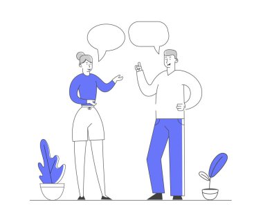 Genç Adam ve Kadın Sohbet ve İletişim. İnsanlar Beyaz Arka Plan Üzerinde Konuşma Kabarcıkları ile İletişim. İş Adamları Tartışır ve Karar Verir. Karikatür Düz Vektör İllüstrasyon, Çizgi Sanatı
