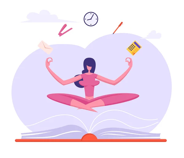 Zakenvrouw yoga meditatie in Lotus houding met kantoorbenodigdheden stijgende over enorme boek te kalmeren stressvolle emotie van hard werken, werknemer ontspanning. Cartoon platte vector illustratie — Stockvector