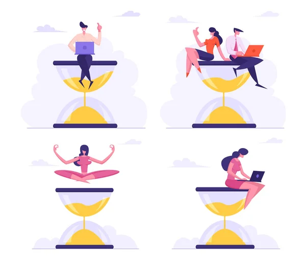 Empresários sentados em Ampulheta com Laptop in Hands. Conceito de Processo de Negócios, Gerenciamento de Tempo Procrastinação Multitarefa Meditação Yoga Produtividade de Trabalho Cartoon Flat Vector Illustration —  Vetores de Stock