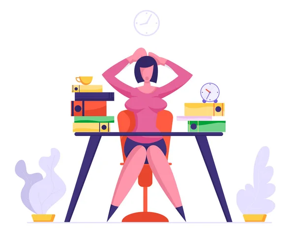 Sobrecarregado com Hard Work Business Woman Segurando a cabeça com as mãos sentadas no local de trabalho com arquivos Heap no escritório. Conceito Multitasking Deadline e Gerenciamento de Tempo. Desenhos animados ilustração vetorial plana —  Vetores de Stock