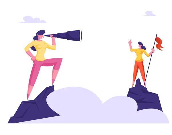 Businesswoman Stand di Puncak Gunung dengan Red Flag Watching to Spyglass Over Sky Clouds. Business Vision, Recruitment Employee, Business Character Visionary Forecast Cartoon Flat Vector Illustration - Stok Vektor