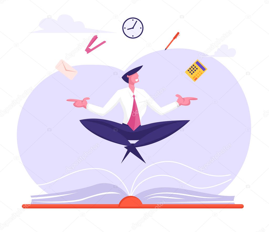 Businessman Relaxing and Meditating in Lotus Pose with Office Supplies Soaring over Huge Book. Worker Avoid Stress Practicing Mindfulness Business Yoga Meditation, Cartoon Flat Vector Illustration