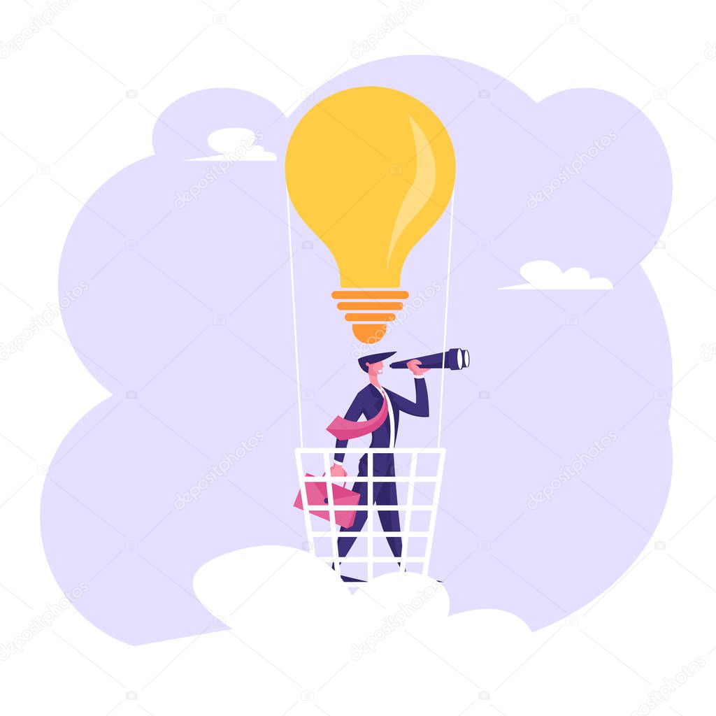 Businessman with Briefcase in Hand Stand in Light Bulb Air Balloon Basket Watching to Spyglass. Business Vision, Recruitment Employee, Business Forecast Prediction Cartoon Flat Vector Illustration