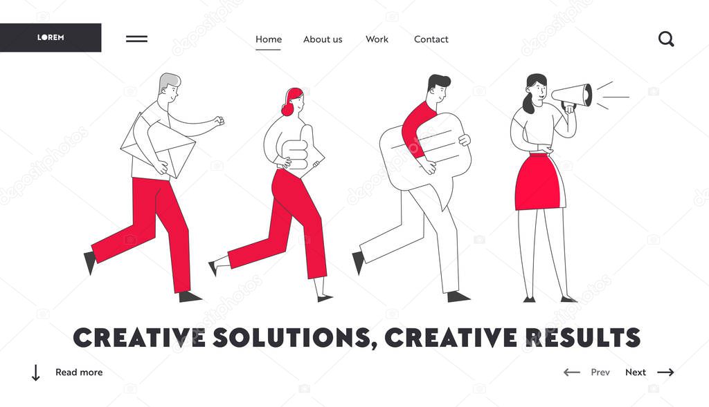Smm Networking Website Landing Page. Social Media Marketing Communication, People Following Girl with Megaphone. Internet Accounting Public Relations Web Page Banner. Cartoon Flat Vector Illustration