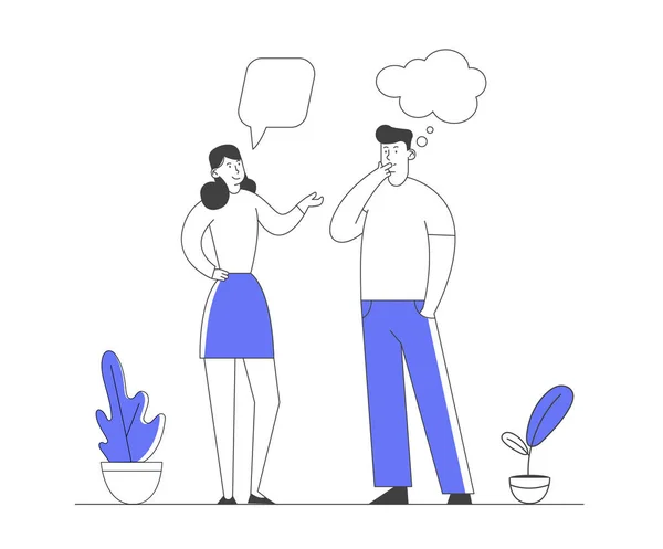 Male and Female Characters Communication with Dialog Speech Bubbles. Couple of Young People Speaking Together — Stock Vector