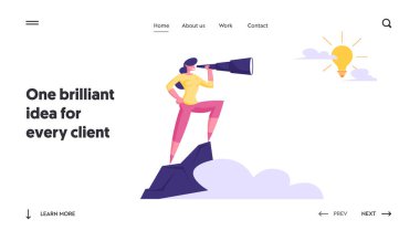 İş Vizyonu, İşe Alım Çalışan Web Sitesi Açılış Sayfası. İş kadını Sky Ampul Üzerinde Spyglass izlerken Dağın Tepesinde Stand. Tahmin Web Sayfası Banner. Karikatür Düz Vektör İllüstrasyon