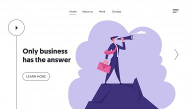 İş Vizyonu, İşe Alım Çalışan Web Sitesi Açılış Sayfası. Hand Hand Stand On Mountain Top Spyglass izliyor Evrak Çantası ile İşadamı. Tahmin Web Sayfası Banner. Karikatür Düz Vektör İllüstrasyon
