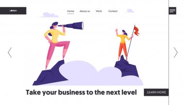 İş Karakter Vizyoner Tahmin Web Sitesi Açılış Sayfası. İş kadını Spyglass için Kızıl Bayrak izlerken Dağın Tepesinde standı. İş Vizyonu Web Sayfası Banner. Karikatür Düz Vektör İllüstrasyon