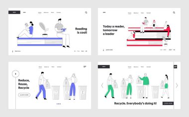 İnsanlar Kitap Okuma ve Geri Dönüşüm Çöp Web Sitesi Açılış Sayfa Seti. Kadın ve Erkek Öğrenciler Kütüphanede Vakit Geçiriyor, Konteynerleri Geri Dönüştürmek İçin Çöp Atıyor Web Sayfası Afişi. Karikatür Düz Vektör İllüstrasyon