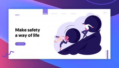 İşadamları için Tehdit Büyük Sorun Web Sitesi Açılış Sayfası. İş Kadını ve İşadamı Hill Web Page Banner'dan Büyük TaşRolling Down Away Away. Karikatür Düz Vektör İllüstrasyon