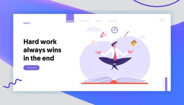 İş Yoga Meditasyon Web Sitesi Açılış Sayfası. İşadamı Rahatlatıcı ve Lotus Poz Ofis Malzemeleri Büyük Kitap, Stres Web Sayfası Banner üzerinde Yükselen ile Meditasyon. Karikatür Düz Vektör İllüstrasyon