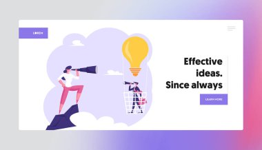 İş Fikri, Yenilik Vizyon Web Sitesi Açılış Sayfası. İş Adamı Sıcak Ampul Hava Balonu Uçan, Peak Spyglass Web Page Banner Looking İş kadını. Karikatür Düz Vektör İllüstrasyon