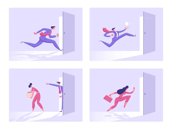 Hombre y mujer de negocios en traje formal corriendo para abrir la puerta de entrada, empleada despedida del trabajo. Idea creativa de los empresarios, solución correcta del éxito de la oportunidad Dibujos animados Ilustración plana del vector — Archivo Imágenes Vectoriales