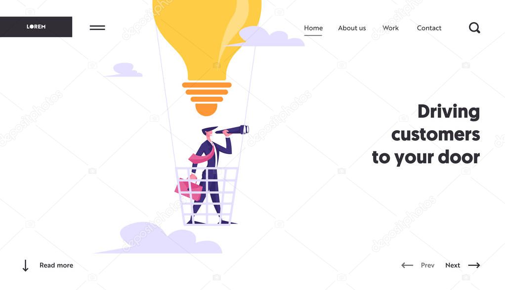 Success Planning Future Strategy Website Landing Page. Businessman Flying on Light Bulb Air Balloon Watching to Spyglass. Business Vision, Prediction Web Page Banner. Cartoon Flat Vector Illustration
