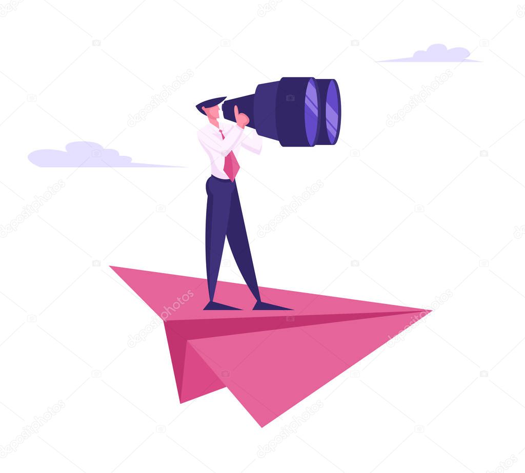 Business Man Stand on Huge Paper Airplane Watching to Binoculars Searching for Aspiration or Successful Financial Ideas. Business Man Future Planning Strategy Vision Cartoon Flat Vector Illustration