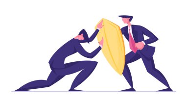 Altın Kalkanlı Adama Saldıran Direnişi Yenmeye Çalışan İşadamı. İş Koruma, Saldırı ve Çatışma Kavramı. Kriz Durumunun AşÜstesinden Gelmek. Karikatür Düz Vektör İllüstrasyon