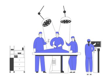 Hastanedeki Cerrahi Odası. Cerrah Mide Görüntüsü ile Monitörde Yatakta Yatan Hastaya Operasyon Yapan Hemşire Kontrol İşlemi. Acil Tıbbi Tedavi Karikatür Düz Vektör İllüstrasyon Hattı Sanat