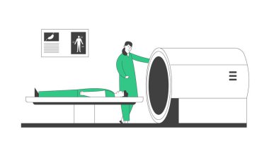 Mri Scanner hastanede. Tıpta Manyetik Rezonans Görüntüleme Dijital Teknoloji Tanı Kavramı. Tıbbi Sağlık Hizmetleri, Klinikte Doktor ve Hasta. Karikatür Düz Vektör İllüstrasyon Çizgi Sanatı